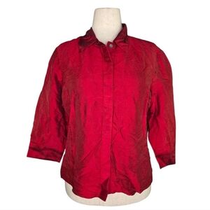 Betu 100% Silk Ruby Red Textured Button Blouse Size 14 Workwear Holiday Top